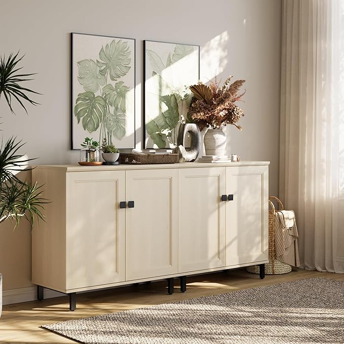 FENSULN Buffet Sideboard Cabinet Farmhouse Modern 2 in 1 Storage Cabinet with Adjustable Shelves for Kitchen, Coffee Bar, Living Room, Beige