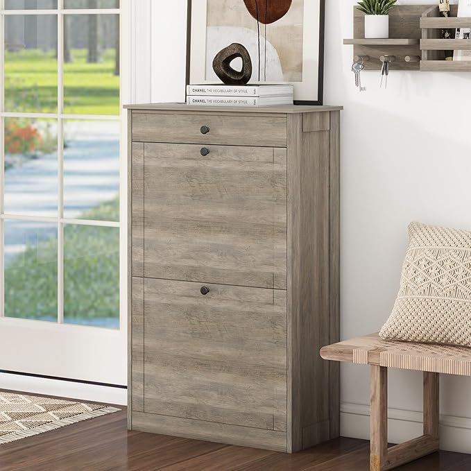 FTZxHKLX Shoe Cabinet with 2 Flip Drawers, Narrow Freestanding Shoe Storage Organizer, Slim Wooden Hidden Shoe Rack for Front Door Entrance, Closet, Hallway, Living Room, Rustic Gray