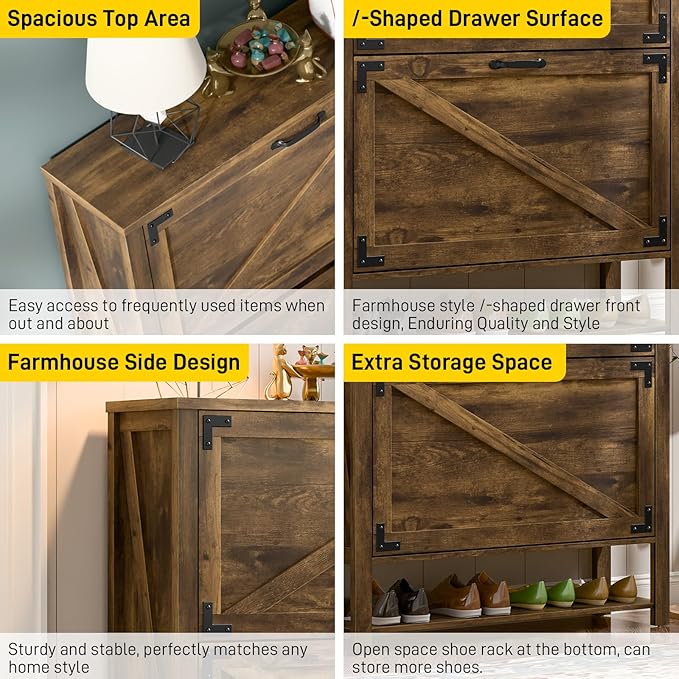 Shoe Storage Cabinet with 2 Flip Drawers, 5 Tier Narrow Hidden Shoe Cabinet for Entryway, Slim Wooden Farmhouse Shoe Rack Organizer Cabinets, Rustic Brown