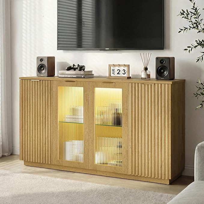 Einhomn 55" Sideboard Fluted Buffet Cabinet with Storage, Glass Doors & Led Lights, Coffee Bar Station with Adjustable Shelves, Modern Wood Cabinet for Kitchen, Living Room, Natural Oak