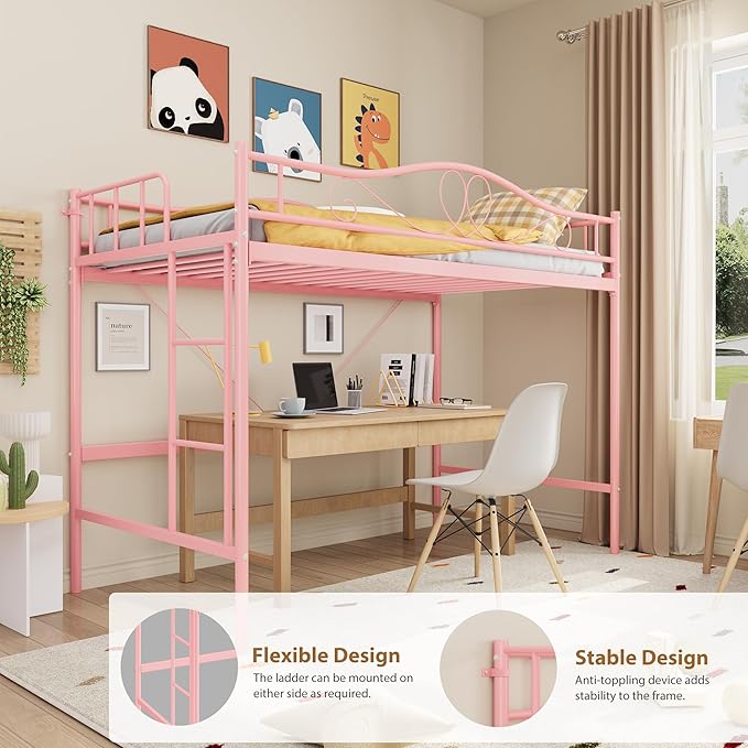 IDEALHOUSE Loft Bed Twin Size with Ladder & Full Safety Guardrail, Heavy Duty Metal Twin Loft Bed 400 Lbs Load Capacity, Space-Saving, Noise Free, No Box Spring Needed, Easy Assembly, Pink
