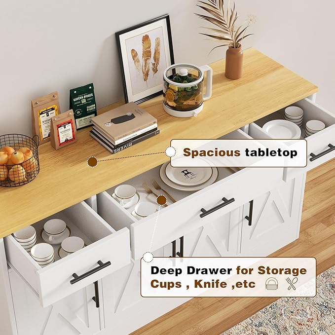 Vongrasig Buffet Cabinet with Storage, Farmhouse Coffee Bar Cabinet with Drawers, 53” Large Modern Sideboard Buffet with Adjustable Shelves for Kitchen, Dining Room, White