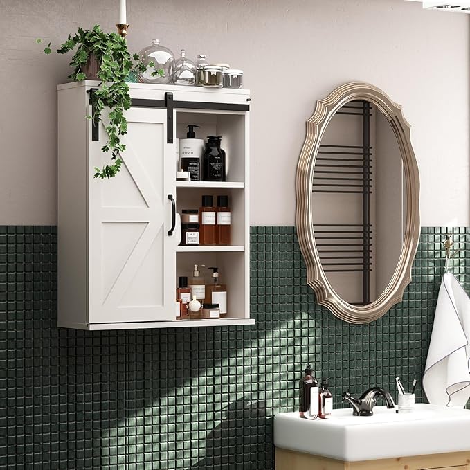RUSTOWN Farmhouse Wood Wall Storage Bathroom Cabinet with Sliding Barn Door, Rustic Medicine Cabinet with Adjustable Shelf, 3-Tier Vintage Cabinet for Kitchen, Bathroom, Living Room (Vintage White)