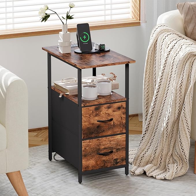 Somdot End Table with Charging Station, Narrow Side Table with 2 Fabric Drawers, Skinny Nightstand with Storage, Small Slim Bedside Table for Living Room, Sofa, Bedroom, Couch, Wood Grain Print