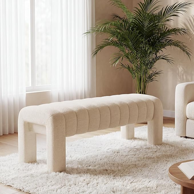 43.3" Bedroom Bench, Upholstered Entryway Bench, Modern End of Bed Ottoman with Solid Wood Legs and Adjustable Foot Pegs for Entryway, Dining Room and Living Room (Beige Linen)