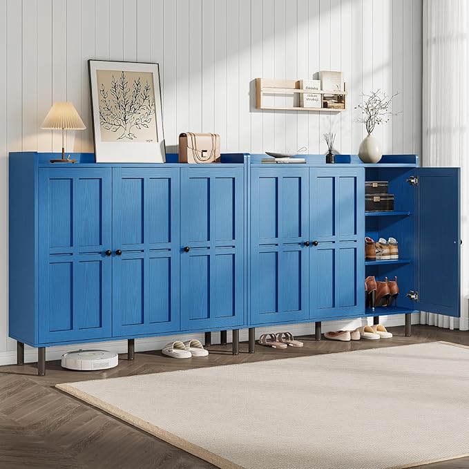 ONBRILL Shoe Cabinet with 3 Doors and Adjustable Shelves, 30 Pairs Shoe Storage Cabinet, 40 Inch Tall Farmhouse Shoe Rack Shoe Organizer Cabinet for Entryway Living Room Closet, Blue