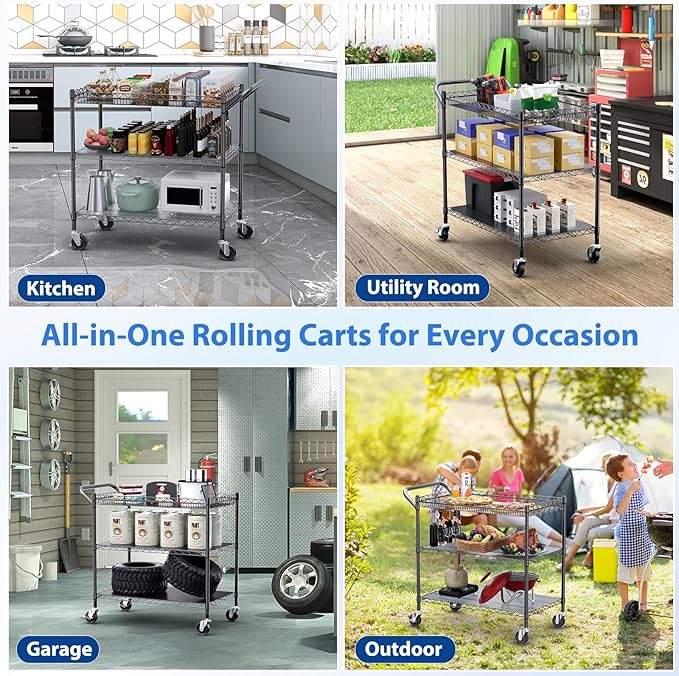 WDT 1350Lbs Capacity Heavy Duty Rolling Utility Cart, NSF Rolling Carts with Wheels,Commercial Grade Metal Cart with Handle Bar & Shelf Liner,Trolley Serving Cart for Restaurant,Kitchen,Black