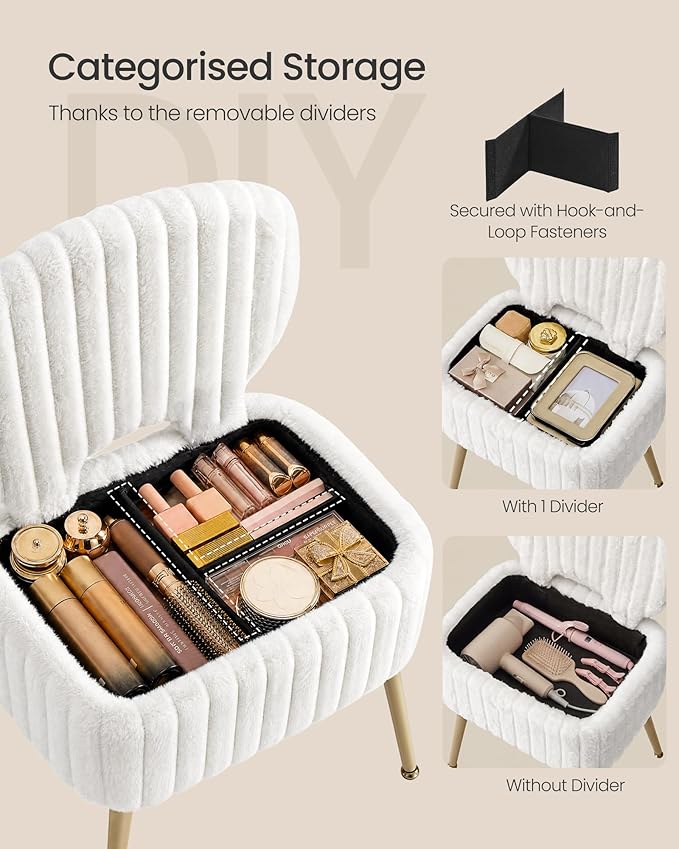 SONGMICS Small Vanity Chair with Storage and Folding Back, Vanity Stool, Footrest Footstool Ottoman, Dressing Table Stool, Furry Padded Seat, for Makeup Room, Bedroom, Cream White ULOM532WD01