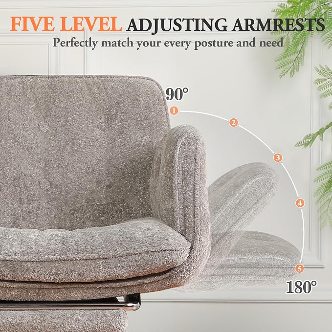 Criss Cross Chair with Footrest & 5 Level Folding Arms Full Relaxation, Wide Cross Legged Office Chair for Home Office, Comfy Swivel Desk Chair with Ottoman, Chenille Vanity Chair (Grey)