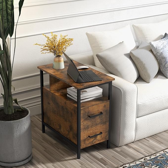 Livofloral Side Tables with Charging Station, Narrow End Table with 2 Wooden Drawers, USB Ports and Power Outlets, Narrow Nightstand and Bedside Table, Side Tables Living Room, Bedroom, Brown