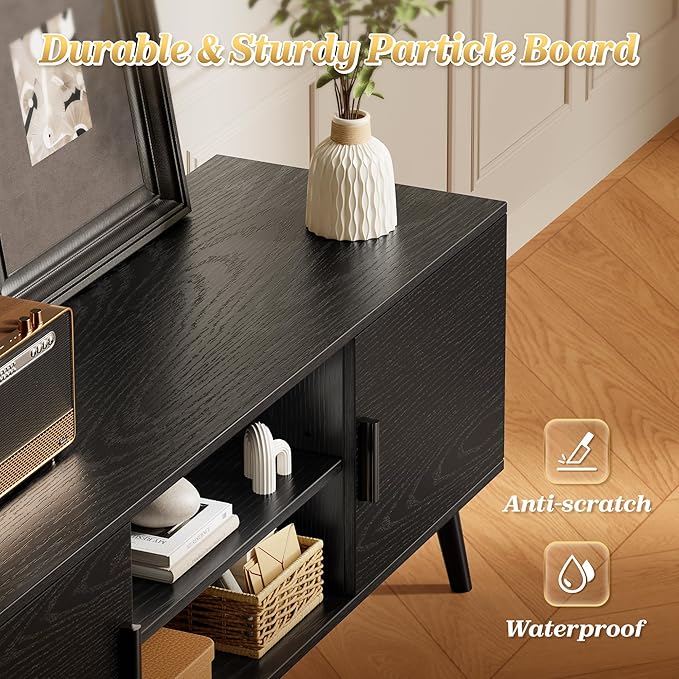 SUPERJARE TV Stand for 55 Inch TV, Entertainment Center with Adjustable Shelf, 2 Cabinets, TV Console Table, Media Console, Solid Wood Feet, Cord Holes, for Living Room, Bedroom, Black