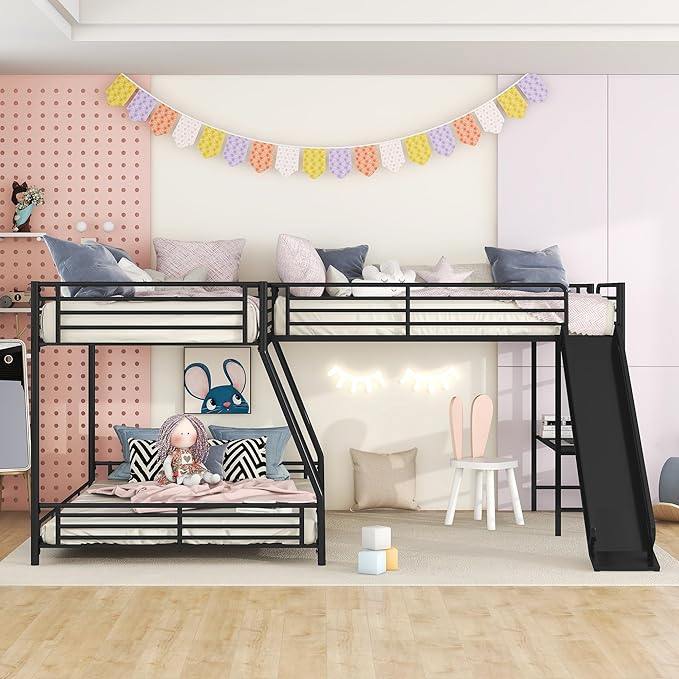 Bellemave Triple Bunk Beds, L-Shape Twin Over Full Bunk Bed Attached a Loft Bed with Desk, Triple Bunk Beds with Slide, Metal Corner Bunk Bed Frame for Three Kids Boys Girls Teens, Black