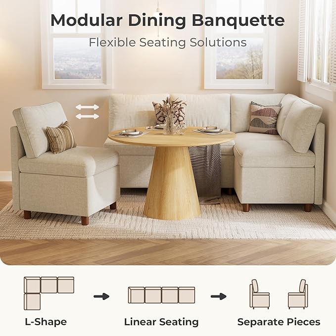 SITJOY Breakfast Nook Bench with Storage, Modular Corner Kitchen Banquette Seating, Dining Settee Couch, Upholstered Dining Bench with Back, Soft-to-Touch Fabric in Beige, Corner Seat