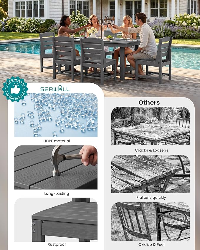 SERWALL Patio Dining Sets for 10 Person, HDPE Dining Set with 2 Tables, 8 Armless Chairs and 2 Armed Dining Chairs, Gray