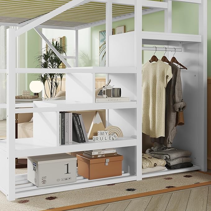KEIKI Queen Size Metal Loft Bed Frame with Convertible Staircase, Built-in Storage Shelves and Wardrobe, Loft Bed with Solid Slats, Guardrail, No Box Spring Required, Easy Assembly, for Bedroom, White