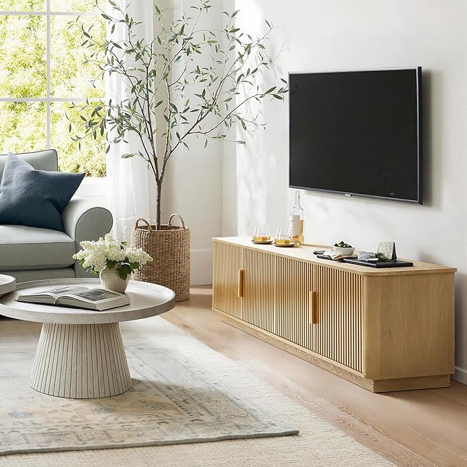 win2win 67" TV Stand for 80 Inch TV, Modern Fluted Entertainment Center with Faux Marble Top, Curved Corners, Boho Minimalist Media Console with Storage for Living Room Bedroom, Oak