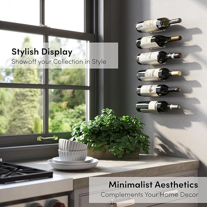 xympo Wall Mounted Wine Rack Set – 6-Piece Aluminum Bottle Holders with Non-Slip Cork Pads for Secure Storage