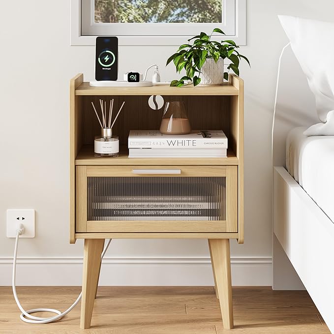 MMEOLUOOK Nightstand with Charging Station, Bedside Tables with Glass Decorative Door, Natural End Table, Side Table with 2 Tiers Storage Space for Bedroom Living Room CAMLBZ07YE