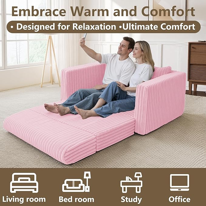 HABUTWAY 41.3" Loveseat Boneless Couch, 4-in-1 Convertible Sofa Bed, Plush Fur Folding Futon Sofa Bed Couches with a Pillow for Living Room, High-Density Foam Support, No Assembly Required, Pink