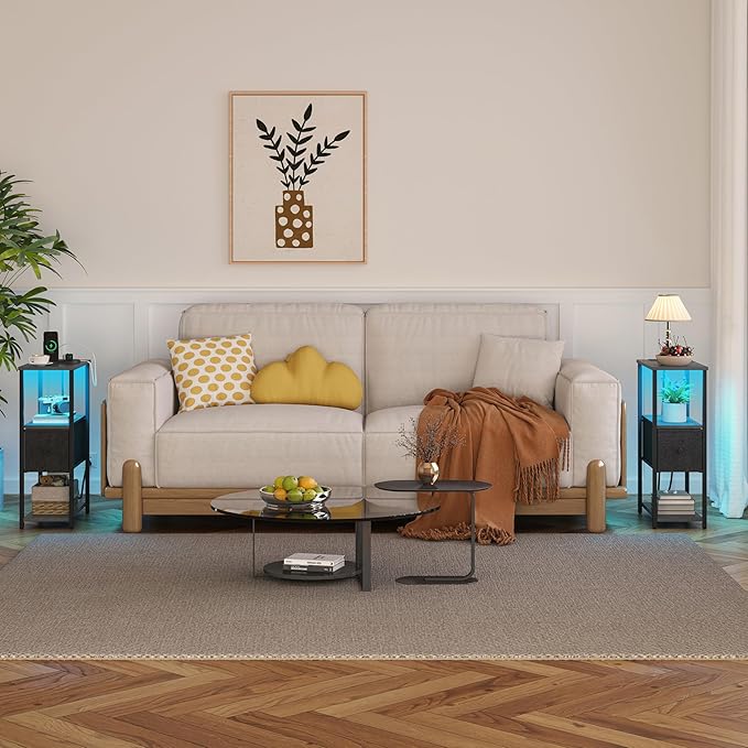 TUTOTAK Small Narrow LED End Table with Charging Station, Side Table Outlets, Nightstand with Cloth Drawer, Set of 2, Couch Table, for Living Room, Bedroom, Bedside, Charcoal Grey TB01BY059