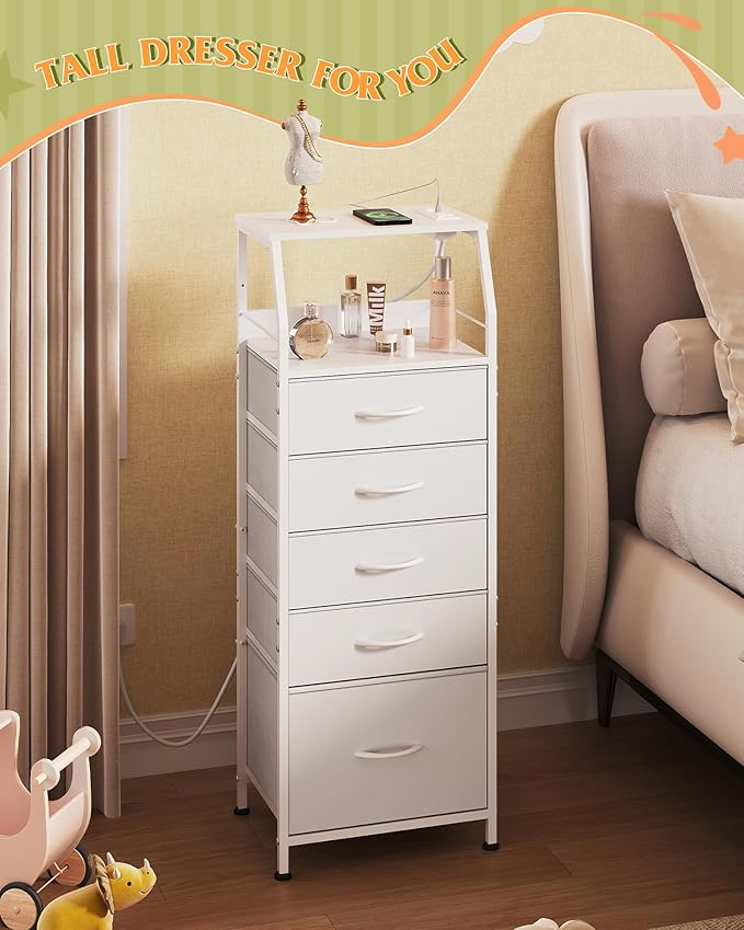 WLIVE LED Nightstand with Charging Station, White Dresser with 5 Fabric Drawers for Bedroom, Tall Night Stand with Open Shelves, Bed Side Tables Living Room