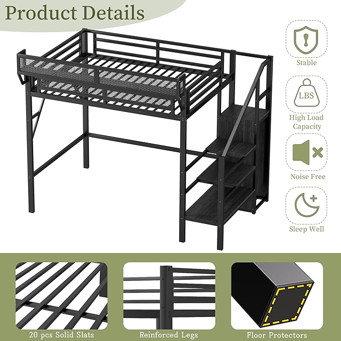 Mirightone Twin Size Loft Bed with Stairs and Storage, Metal Loft Bed Frame with A Shelf and Large Under-Bed Space, Heavy-Duty Loft Beds for Kids Boys Girls Teens, Black