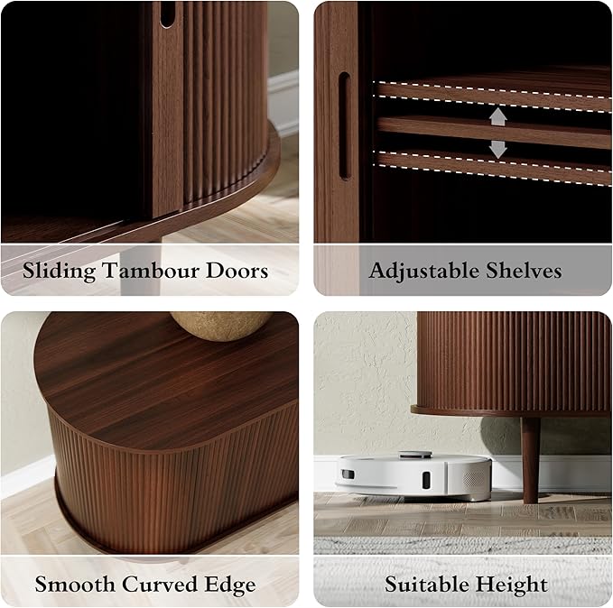 DHH 86.6" Fluted TV Stand with Power Outlet for TVs up to 90", TV Console with Adjustable Shelves and Sliding Door,Mid Century Modern Entertainment Center for Living Room,Bedroom (Walnut, 86.6Inch)