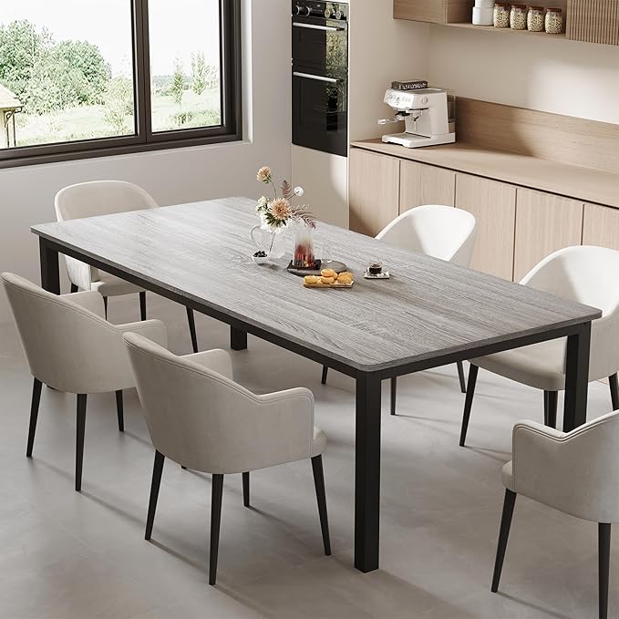 GarveeHome 78.7 in Industrial Dining Table for 6, Wooden Long Dinner Table with Mortise Tenon Design, Kitchen Table with Sturdy Metal Legs, for Dining Room Home Office Living Room, Grey