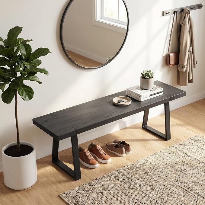 HNY 60" Entryway Bench Black Wood Dining Bench Bedroom Bench Modern Minimalist Long Slatted Bench for Living Room Hallway, Sturdy Solid Wood with Black Metal Leg Seating for 4-6 People