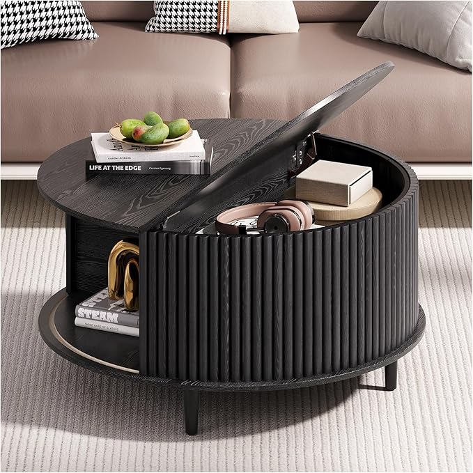 JOINICE,Black Round Coffee Table with Storage, 31.5" Fluted Center Table with Sliding Door, Modern Circle Drum Accent Table for Living Room, Sleek Wood Furniture for Small Spaces & Apartments