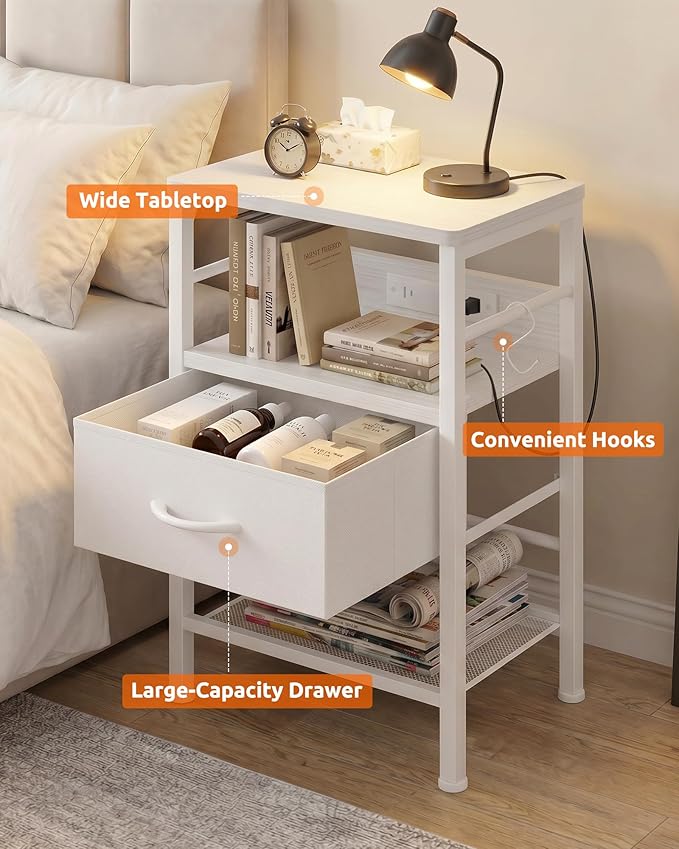 Lazzanto Nightstands Set of 2 with Charging Station, Bed Side Tables with Open Shelf & Hooks, End Tables with USB-C USB-A Ports AC Outlets, Night Stand for Bedroom with Fabric Drawer, White