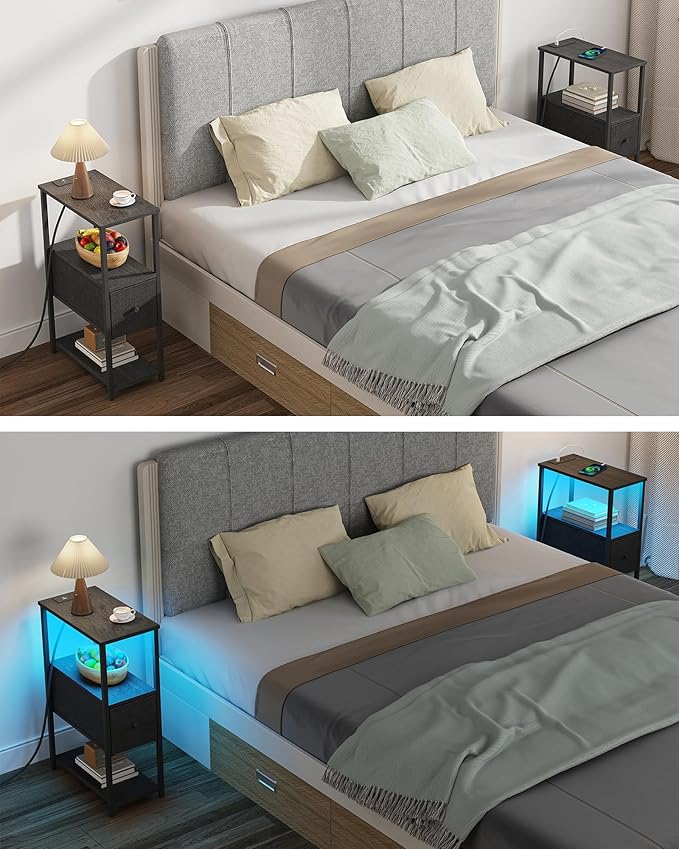 TUTOTAK Small Narrow LED End Table with Charging Station, Side Table Outlets, Nightstand with Cloth Drawer, Set of 2, Couch Table, for Living Room, Bedroom, Bedside, Charcoal Grey TB01BY059