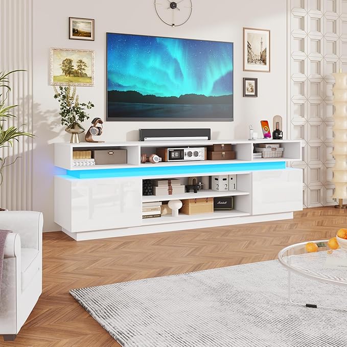 chartustriable LED TV Stand for 95 Inch TV, Modern Tall Entertainment Center with Power Outlets, High Gloss TV Stand, Gaming TV Media Console for Living Room, 83 Inch, White