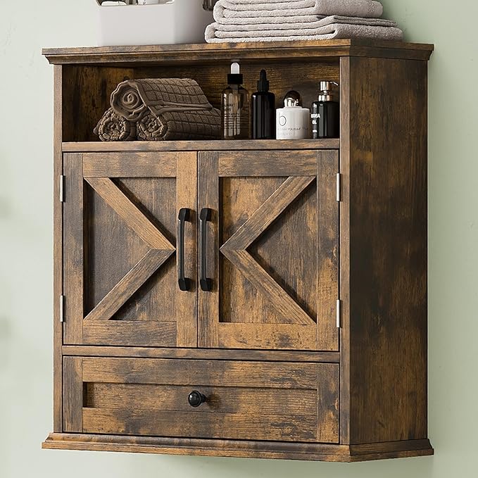 Bathroom Wall Cabinet, Wall Mounted Medicine Cabinet with Drawer, Barn Door & Adjustable Shelf, 24.4"H x 23.6"W x 9"D Rustic Brown Over Toilet Farmhouse Storage Cabinet for Kitchen, Laundry, Entryway