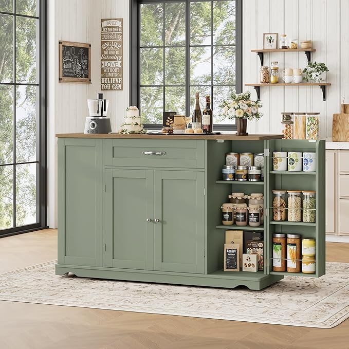 HOSTACK Kitchen Island Cart with Storage, 47'' Kitchen Storage Island on Wheels with 2 Drawers, Rolling Island Table with Adjustable Shelves, Mobile Buffet Sideboard Cabinet for Dining Room, Green