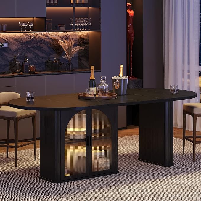 ONBRILL 70 Inch Oval Dining Table for 6-8, Modern Dining Room Table with 2-Tier Storage Space, Wood Kitchen Table with LED Light, Dinner Table with Heavy Duty Legs, Black