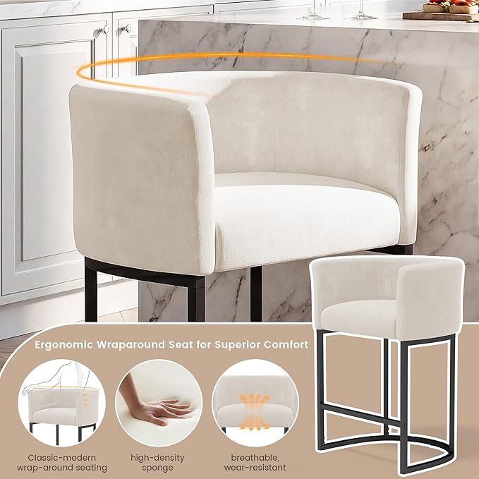 GRUSIGN Chenille Counter Height Bar Stools Set of 2, 26" Kitchen Island Stools with Arms & Footrest, Upholstered Barrel Back Bar Chairs for Kitchen， Dining Room, Bar & Lounge Area, 450 lbs, Off-White