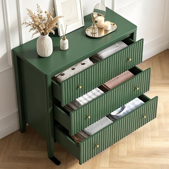 Fatmok Fluted 3 Drawer Dresser for Bedroom, 34" Wide Chest of Drawers, Modern Wood Nightstand End Table with Metal Handles, Striped Storage Cabinet for Living Room, Hallway, Entryway, Green
