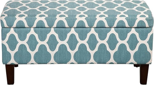 HomePop Large Upholstered Rectangular Storage Ottoman Bench with Hinged Lid, Teal Geometric