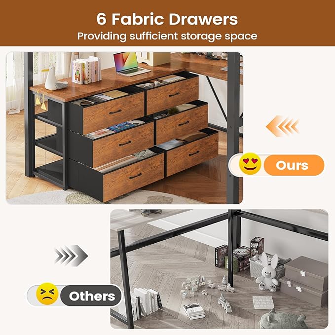 Itaar Full Size Loft Bed with Desk and Storage Stairs, Metal Loft Bed with 6 Storage Drawers, Hall Tree, LED Lights and Power Outlet, for Kids, Teens, Adults, Rustic Brown