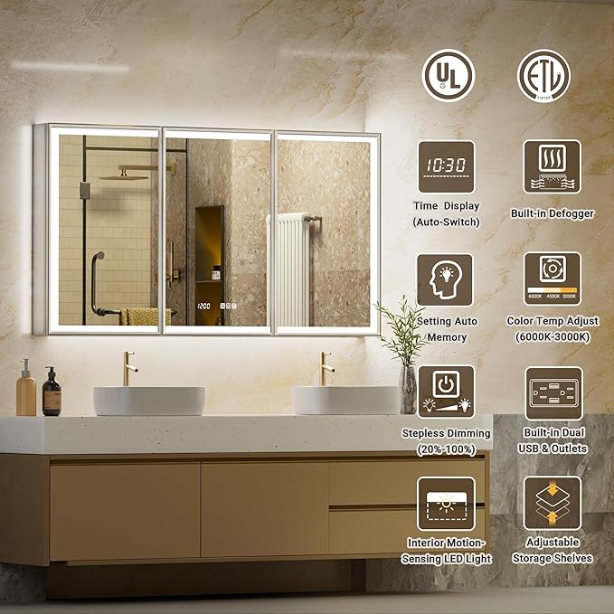 54x30 Lighted Medicine Cabinet with Mirror, Beveled Brushed Nickel Framed Surface or Recessed Fogless Dimmable LED Medicine Cabinet with Outlet, Time Display and Sensor Inner Light
