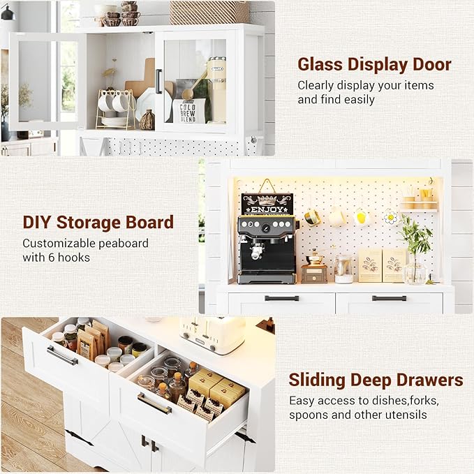 Unikito 71" Tall Kitchen Pantry Storage Cabinet with LED Light & Outlet, 63" Wide Kitchen Hutch Cabinet with Large Countertop, DIY Pegboard and Drawers, Farmhouse Food Pantry for Living Room, White