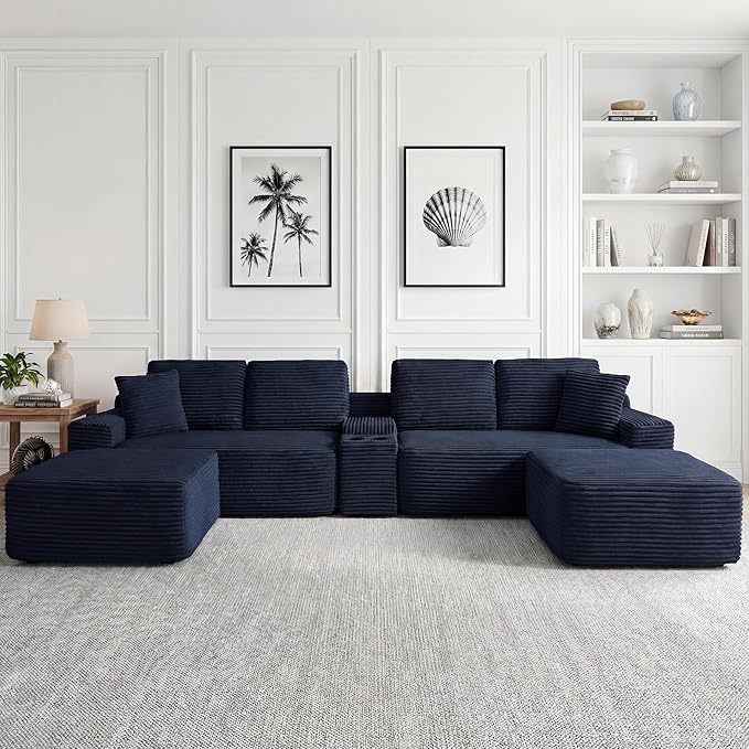 125 Inch Modular Sectional Sofa, Modern Oversized Corduroy Cloud Couch with 2 Ottomans, Cup Holders and USB Ports, U Shape Couch Boneless Couches for Living Room, No Assembly Required, Blue
