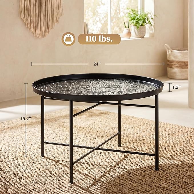 HOMCOM 24" Round Coffee Table with Hammered Tray Top, Vintage Metal Center Table for Living Room, Bedroom, Side Table, Black