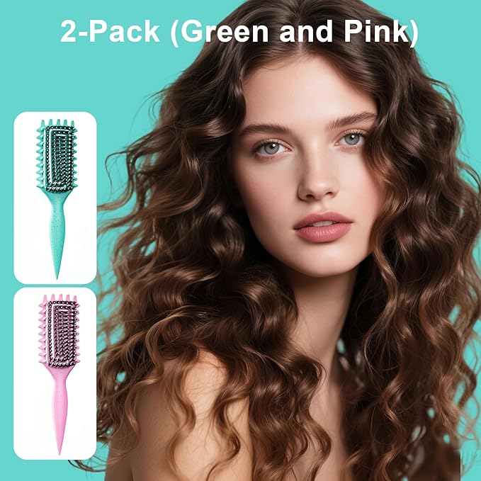 Curly Hair Brush, Curl Defining Brush with Soft Boar Bristles Detangling Tangled Glides, Wide-Teeth Design Effortlessly Shaping & Defining Curls (Pink Green)