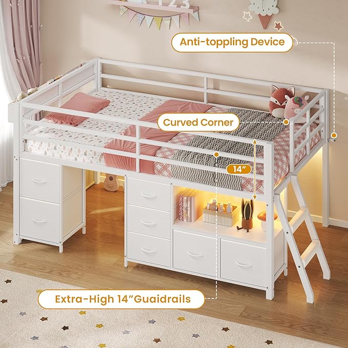 ADORNEVE Low Loft Bed Twin Size with 7 Storage Drawers, Bookcase and LED Lights, Metal Kids Loft Bed with 14" H Safety Guardrail,Inclined Ladder and Play Curtain, Under-Bed Play Space, White