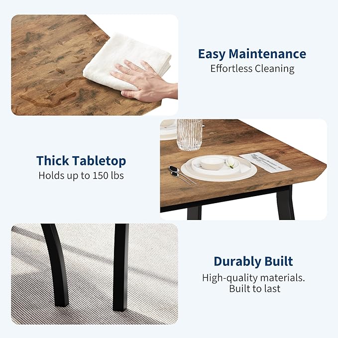Dining Table for 4, 3-Piece Kitchen Table Set for 4 with Wooden Tabletop and Metal Frame, Industrial Kitchen Table with 2 PU Leather Benches for Bar, Dining Room, Restaurant(43''x28''x30''), Retro