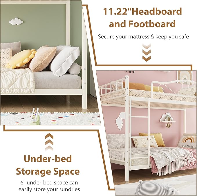 IDEALHOUSE Bunk Bed Twin Over Twin with Ladder & Full Safety Guardrail, Heavy Duty Metal Twin Over Twin Bunk Bed 400 Lbs Load Capacity, Space-Saving, Noise Free, No Box Spring Needed, Easy Assembly, C