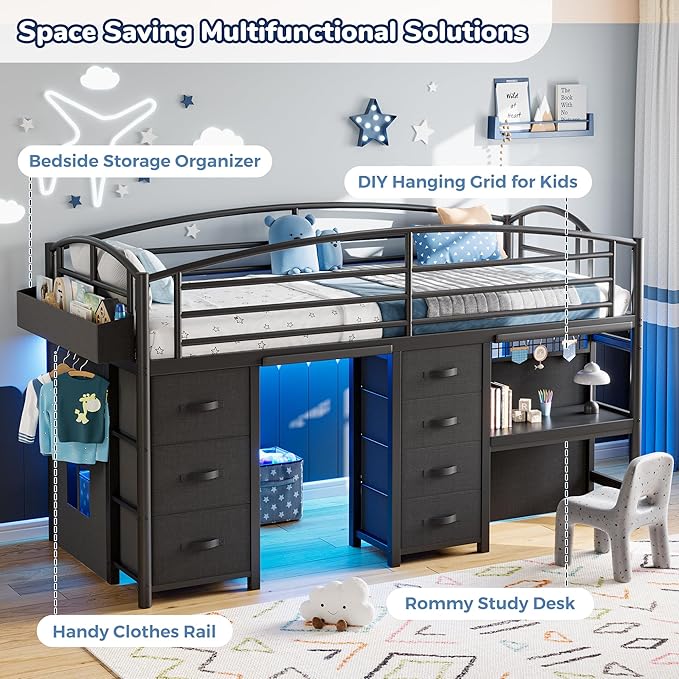 Low Loft Bed Twin Size with 7 Storage Drawers, Desk and LED Lights, Heavy Duty Metal Kids Loft Bed with 13.8" H Safety Guardrail, Anti-Collision Pad, Private Play Curtain, Under-Bed Play Space - Black