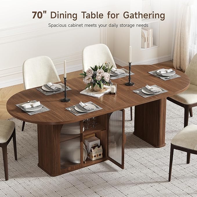 ONBRILL 70 Inch Oval Dining Table for 6-8, Modern Dining Room Table with 2-Tier Storage Space, Wood Kitchen Table with LED Light, Dinner Table with Heavy Duty Legs, Walnut